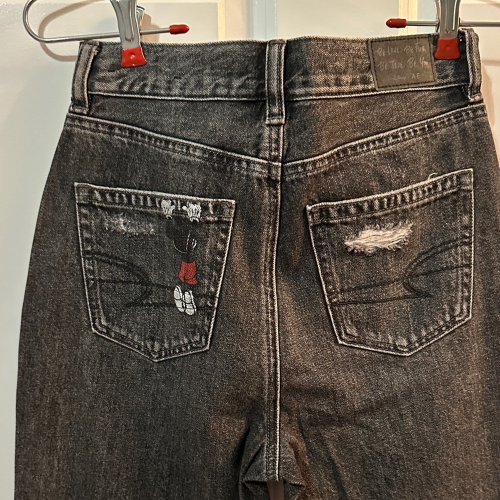 American Eagle Distressed Black Disney Jeans Sz 00 Mickey Mouse Donald Duck NWT